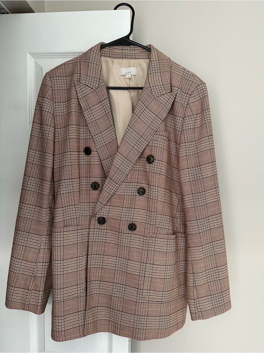 LOFT Double-Breasted Plaid Blazer in Mauve and Taupe
